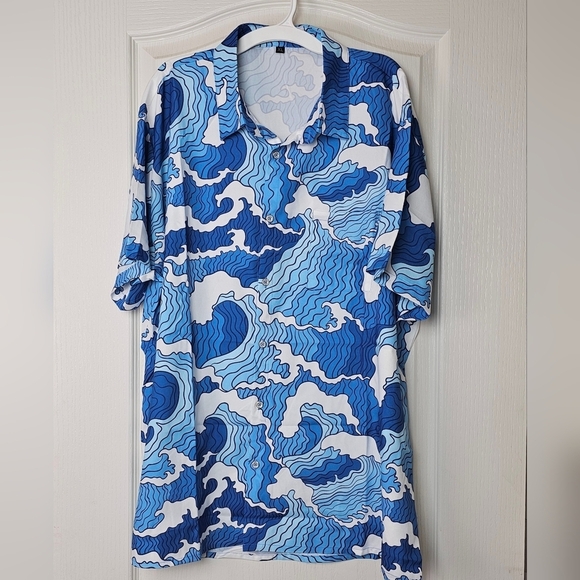 KYKU Men's Button Down Short Sleeve Shirt, One Pocket | Ocean Blue & White - Picture 5 of 9